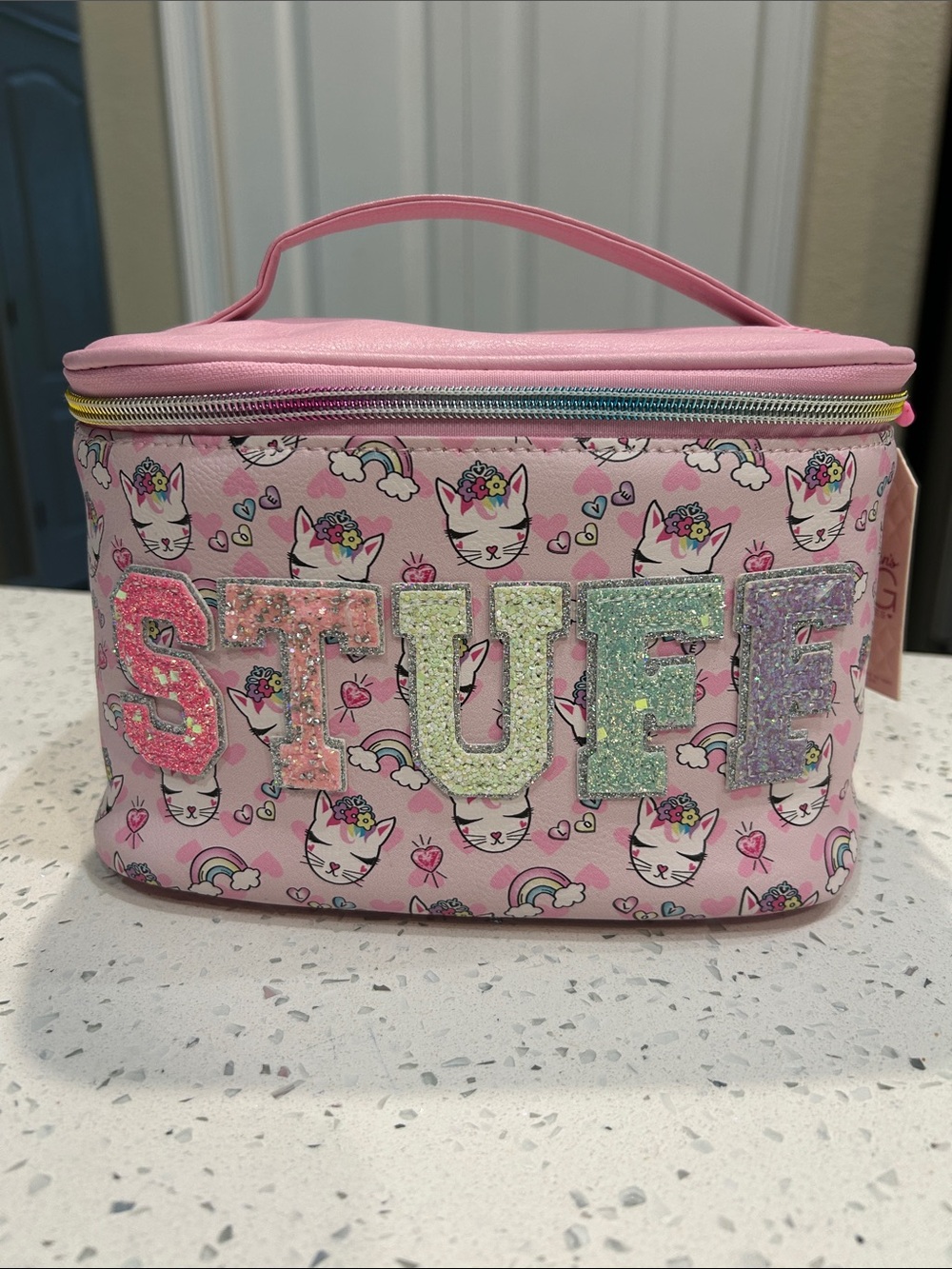 Pink Kids Cosmetic Bag with Glitter 'STUFF' Letters and Unicorn Print